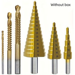 6pcs Titanium Step Drill Bit Set, Steel Milling For Wood & Metal, 4-12mm To 4-32mm Sizes, Round Shank, Tools With Case