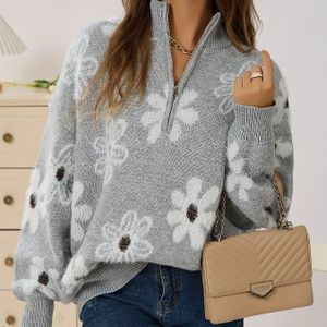 Trui met Bloemenpatroon en Neprits, Casual Lange Mouwen Pullover voor Herfst en Winter, Dames