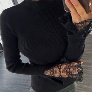 Zwart Halflange Top met Contrasterende Kant Mouwen, Herfst- en Wintertrui