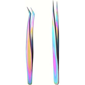 2-Pack Roestvrijstalen Precisiepincetten, Regenboogontwerp, Metalen Gereedschap voor Sieradenmaken, DIY-Kunst & Sticker Toepassing, Geen Elektriciteit Nodig