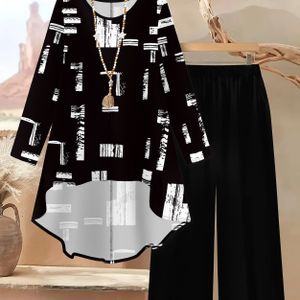 Plus Size - Elegante Damesmode Set met Zwart-Wit Geometrisch Print, Lange Mouwen, Ronde Hals, Medium Stretch Stof en Gedippte Zoomdetail voor Lente/Herfst