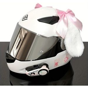 Motorhelm Accessoire - Witte Pluizige Kattenoren met Zwarte Strik, Polyester, Fits All voor Mannen en Vrouwen