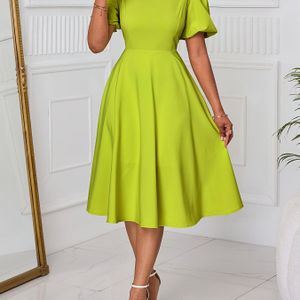 Women's Round Neck Elegant New Waist-cinched A-line Bubble Sleeve Dress