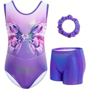 3 stuks Turnpakken voor Meisjes met Glinsterende Strass en Kleurrijke Vlinders - Atletisch Turnpakje met Glitter Dansshorts en Haarband voor Jongeren van 3 tot 12 Jaar, Ideaal voor Buiten