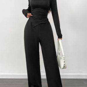 2 Stuks Set: Kleur Asymmetrische Geblondeerde Lange Mouw Shirt En Wijd Beende Broek