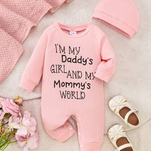 2-delige Meisjes Set met Letterprint Ronde Hals Rib Bodysuit en Hoed, Perfect voor Buiten