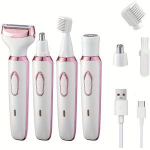 Vrouwen Elektrische Scheerapparaat 4-in-1 Oplaadbaar Pijnloze Lichaam en Gezichtshaarverwijderaar, Geschikt voor Bikinilabben, Lichaamsgebieden, Gezicht en Oksels. Draadloos, Verwisselbaar