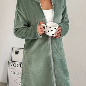 Dames Plus Size Dikke Pluche Kimono Jas - Winter Warme Rits Lange Huispij, Knusse Badjas voor Thuis, Wasmachinebestendige Kleur Buitenjas