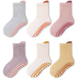 6 Paar Baby & Antislip Sokken - Mix voor Jongens & Meisjes Eerste Stapjes, Zacht Ademend - Antislip , Kleurblok Gestreept/Polka/Beige/Roze, Wasmachinebestendig voor Binnen/Buiten