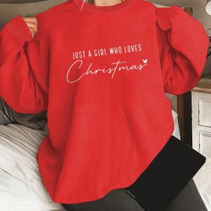 Vrouwelijk casual crew neck sweatshirt met lange mouwen, polyester gebreid materiaal, reguliere lengte, met "Een meisje dat kerstmis liefheeft" print, voor alle seizoenen pullover