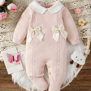 Baby Meisjes Kraag Trui Jumpsuit - Handgemaakte Strikdetail, Warme Winter Romper, Zachte Rekbare Outfit voor (Herfst/Winter) voor Dagelijks Gebruik, Reizen & Fotoshoots, Perfect voor Buiten