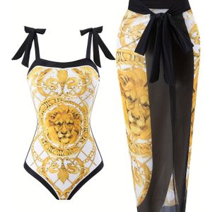 Dames Gouden Leeuw-Thema Zwempak met Lace-Up Detail - Off-Shoulder Top en Flowy Skirt, Stretchy Stof, Zwemkleding, Zwempak|Leeuw Print Design|Stretchy Material
