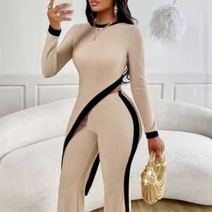 1 set Elegante Vrouwen Polyester Jumpsuit - Asymmetrische -shirt en Flare Broek Set met Ronde Hals, Gebreide Stof, Kleur voor Lente/Herfst