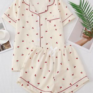 Cherry Print Pajama Set, Lapel Buttons Top And Bow Shorts, Women's Sleepwear & Loungewear