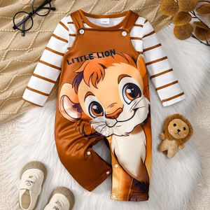 2- Baby's Cartoon Leeuw Print Rompertjes Set, Gestreepte Lange Mouwen Onesie & Schort, Baby Jongenskleding, Als Geschenk, Pasgeboren, Herfst & Lente, T-shirt, Perfect voor Buiten