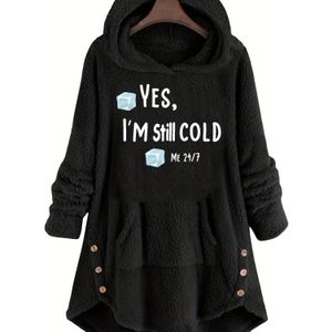 Grillige Kleding, Teddybeer Hoodie met Letterprint, Casual Lange Mouwen met Kangoeroezak en Knoopdetail Pluche Sweatshirt voor Herfst & Winter, Dameskleding