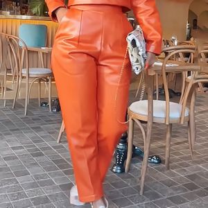 Dames Lederen Broeken - Heldere Oranje, Hoge Taille, Rechte Pijp, Casual Stijl voor Lente/Heren, Perfect voor Weekend Uitstapjes, Casual Wear Broeken | Rechte Pijp Broeken | Comfortabele Pasvorm