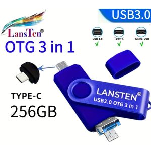 Lansten 32GB/64GB/128GB/256GB 3in 1 USB 3.0 Flash Drive Photo Stick voor -telefoons, BorlterClamp OTG-geheugenshield met 3 USB-poorten USB C microUSB USB A Zwart