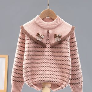 Kerst Meisjes Schattige Popkraag Strik Decor Gestreepte Gebreide Trui Pullover voor Lente, Herfst en Winter Buiten Vakantie Beste Feestelijke Cadeau JJ147-S035