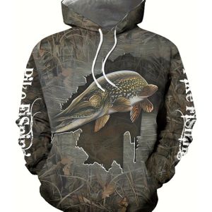 Heren Retro Letters En Vis Print Hoodie, Casual Stijlvolle Lange Mouwen Sport Hoodie Als Cadeau