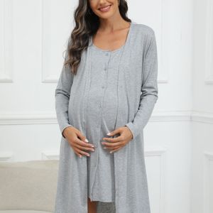 Gezellig moederset - Comfortabel lange mouwen onesie en cardigan met voor, lichtgrijs, perfect voor lente en herfst