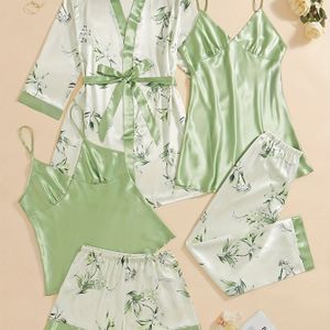 5-delige pyjamaset, 97% polyester en 3% elastaan, casual bloemenpatroon, mandarijnkraag, kleurvlakken, geschikt voor alle seizoenen, geweven stof, 92 g/m² - Loungewear voor volwassenen