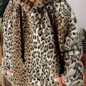 Plus Size Luipaard Print Hoodie met Trekkoord, Casual Lange Mouw Fuzzy Hoodie Voor Herfst & Winter, Plus Size Kleding Voor Vrouwen