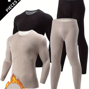 4- Set Heren Thermische Onderkleding met Crew Hals - Polyester, Kleur, Medium Stretch voor Herfst/Winter, Skinny Fit Set zonder Details