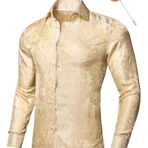 Stijlvol Heren Overhemd met Roze Paisley - Lange Mouwen, Pasvorm met Knoopsluiting, Polyester, Niet-Rekbare Stof - Ideaal voor Bruiloften & Casual Formele Gelegenheden