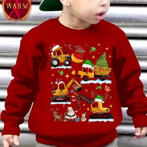 Merry Christmas Cartoon Bouwauto's Grafische Print Dikke Fleece-sweatshirt Voor Jongens: Dikke En Gezellige Top Voor Lente Herfst Winterseizoen
