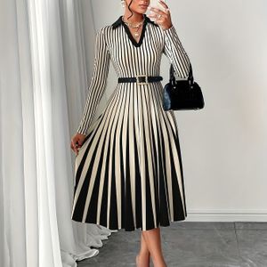 European And American Spring And Autumn Themed Elegant Festival Party Dress With A V-neck, Long Sleeves, And A Geometric Striped Print A-line Silhouette.