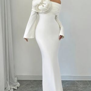 Elegante Off-Shoulder/One-Shoulder Lange Mouw Zeemeermin/Bodycon Jurk voor Dames - Witte Formele Party Avondjurk met Bloemappliqué