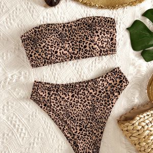 Kleine Bikini met Notch Tie-Top en Luipaardprint in Europese Stijl, Split Badmode voor Vrouwen