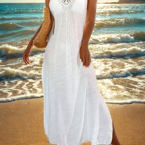 Vrouwen Bohemian Halterneck Zijsplit Cover-Up Trouwjurk - Lichtgewicht 100% Polyester Semi-Transparante Strandjurk met Machinewasbaar Ontwerp voor Poolceremonies & Zomerevenementen