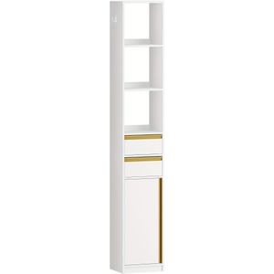 Bookcase With Cabinet And 2 Drawers, 7-tier Standing Shelf, Slim Storage Cabinet With 1 Hook, For Living Room, Office, Bedroom, And Laundry Rooms, , White And Gold And Laundry Rooms