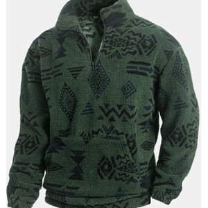 Heren Losse Fleece Etnische Grafische Print Sweatshirt, Casual Half Zipper Staande Kraag Lange Mouw Top Voor Buiten