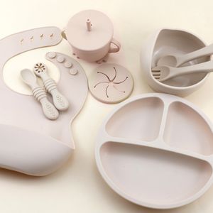 9pcs Silicone Baby Feeding Set - Weaning Guide Kit With Suction Bowl, Divided Plate, Toddler Self-feeding Plate, Spoon, Fork, Adjustable Bib, And Sippy Cup For Infants And Toddlers