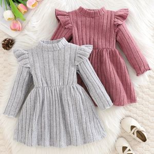 2 stuks Meisjes Roze en Grijze Geribbelde Hoge Hals Lange Mouw Schattige Jurk Set voor Herfst/Winter