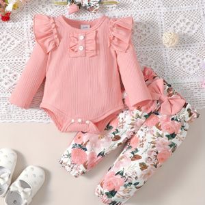 Leuke Baby 3-delige Outfits - Bloemen/luipaard Broek & Ruffle Lange Mouw Baby Romper & Hoofdband Set Buiten Set