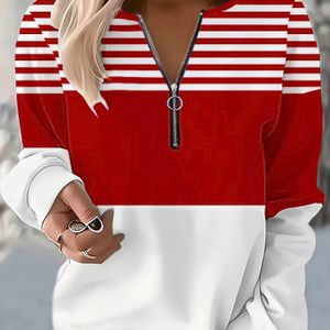Plus Size - Dames Plus Size Elegante Gestreepte Lange Mouw Crew Neck Top met Half Zipper Detail - Stretchy Pullover Sweater voor Herfst/Winter, Stijl, Top|Gestreepte Top|Stretchy Stof