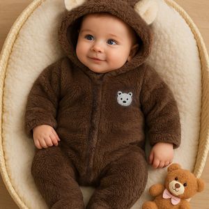 Herfst/Winter Babyjongen Jumpsuit met Beerpatch, Dikke Warme Romper voor 0-9 Maanden, Ideaal voor Buiten