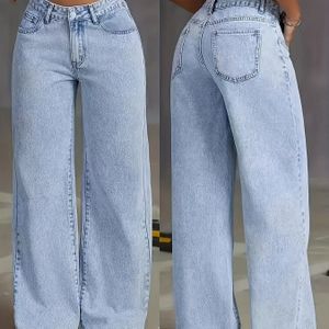 Dames Lichtblauwe Wijde Pijpen Denim Jeans - Casual Losse Pas met Knoppen, Niet-Stretch Stof, Lange Lengte voor Weekend Draag, , Jeans voor