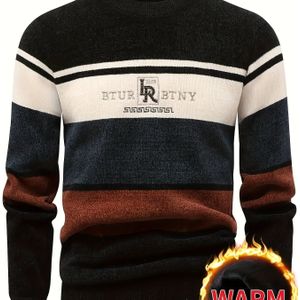 Heren Gestreepte Chenille Trui met Letters & Geribbelde Afwerking - Zachte Warme Crewneck Pullover, Casual Wintertrui Geschikt voor Buitenactiviteiten in Herfst/Winter