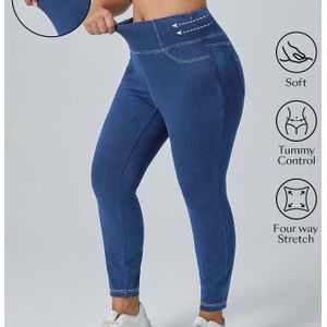 Plus Size Stretch Denim Jeans - Hoge Elasticiteit Slim -Inch Middelhoge Taille Broek met Nepzakken & Buikcontrole, Machinewasbare Casual Jeans voor Vrouwen