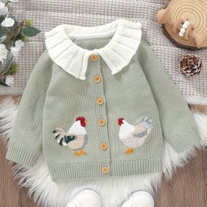 Baby Meisjes Winter Trui met Schattige Kippenborduursel - Zachte Perzikkleurige Lange Mouwen Ronde Hals Sweater, Knusse Buitenkleding voor Herfst & Winter, Gerimpeld Kraagontwerp, Duurzaam