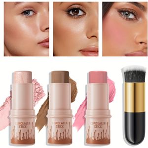 4-delige Face Stick Collectie Trio, Langhoudende Waterproof Contourstick, Blush Stick, Highlighter Stick, Crème Contour Kit met Kwast