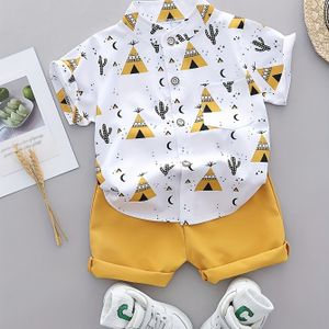 Zomerse Jongens- en Peutershemd met Willekeurig Pyramidepatroon, Korte Mouwen en Shorts Set, Ideaal voor Buiten