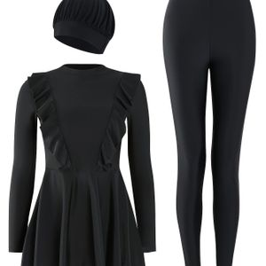 Vrouwelijk egaal gekleurd polyester tangkini-set, gebreid , hoge stretch, met sla-garnering detail, inclusief bovenkant, legging en pet