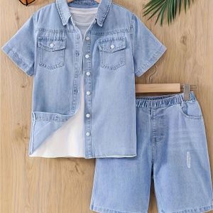 Kinder Denim Set: Teen Jeans Shorts, Korte Mouw Shirt en Studentenbroek voor Jongens en Meisjes, Perfect voor Buiten