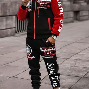 Heren Pullover Hoodie & Broek Set - Zwart & Rood met "Saint" Ontwerp, Polyester, Lange Mouw, Pasvorm, Lente/Herfst Casual Wear, Casual Streetwear Outfit| Print Hoodie|Stretchy Stof